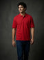 RENQARA Crimson Red Polo T-Shirt front fit on male model with regular unisex silhouette