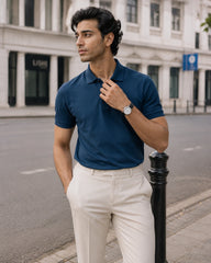 RENQARA Navy Blue Polo T-Shirt front fit on male model styled with white trousers