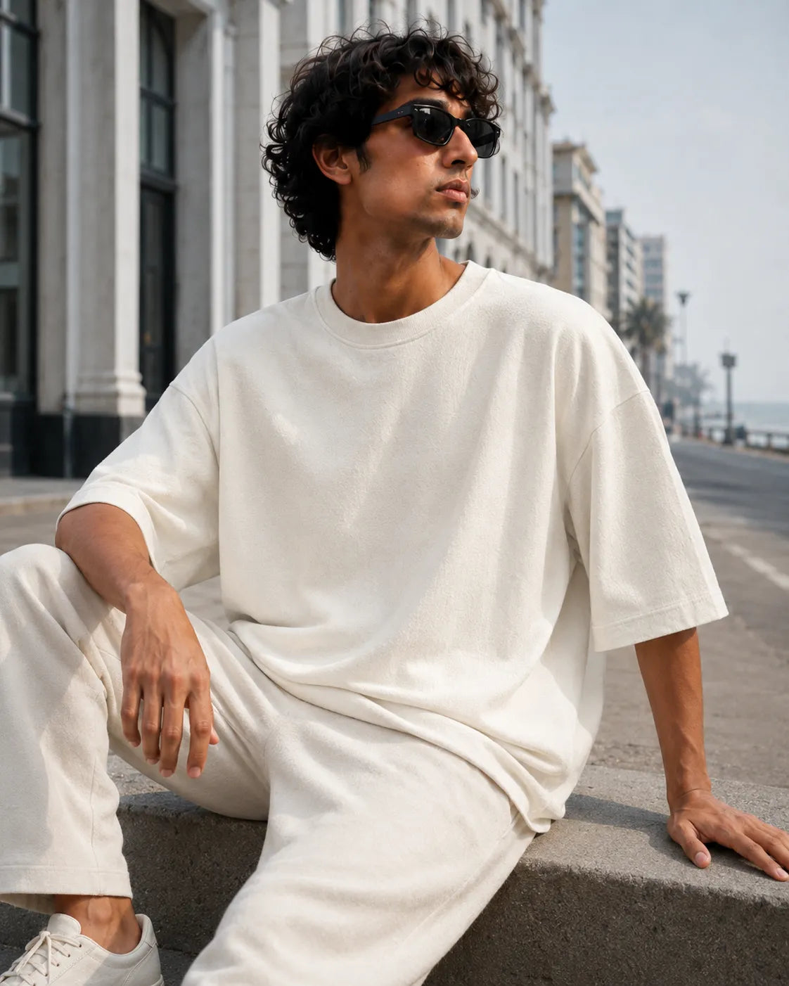 Editorial fashion shot of a model sitting casually on a concrete ledge by an urban street building. He is wearing a minimalist, relaxed-fit off-white co-ord set made of plush terry cloth fabric, paired with clean white low-top sneakers. Relaxed, effortless luxury streetwear aesthetic.
