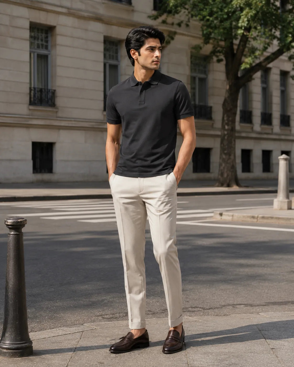 RENQARA Black Polo T-Shirt front fit on male model styled with ivory trousers
