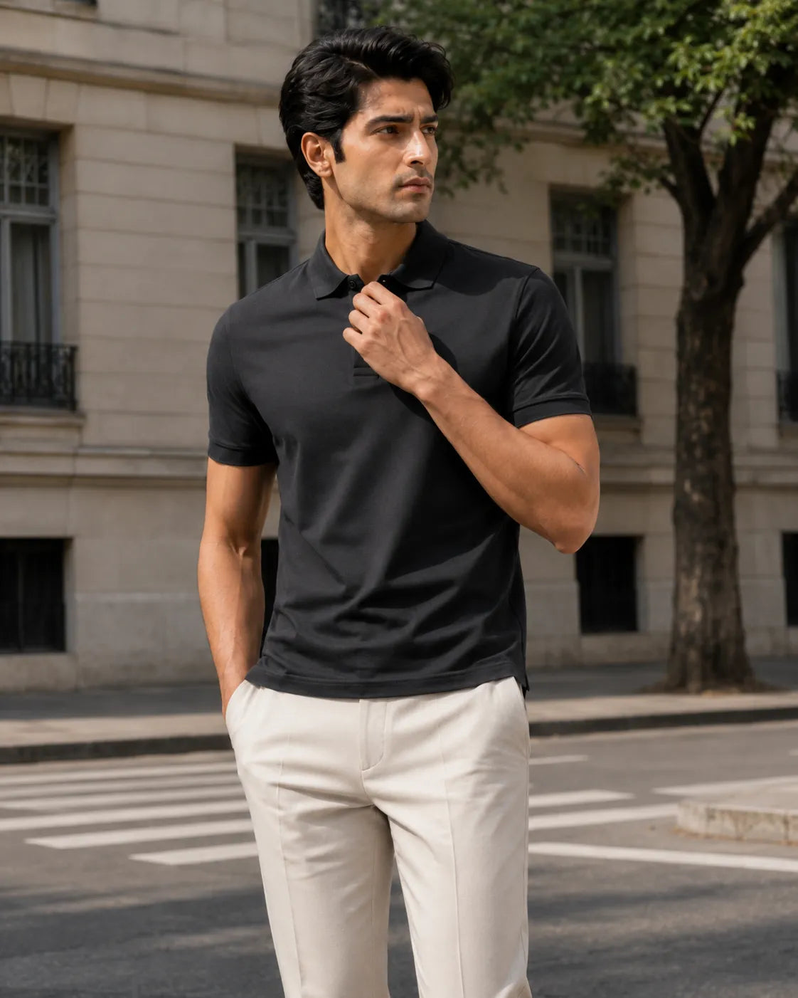 RENQARA Black Polo T-Shirt regular fit showing collar, sleeve structure and clean hem