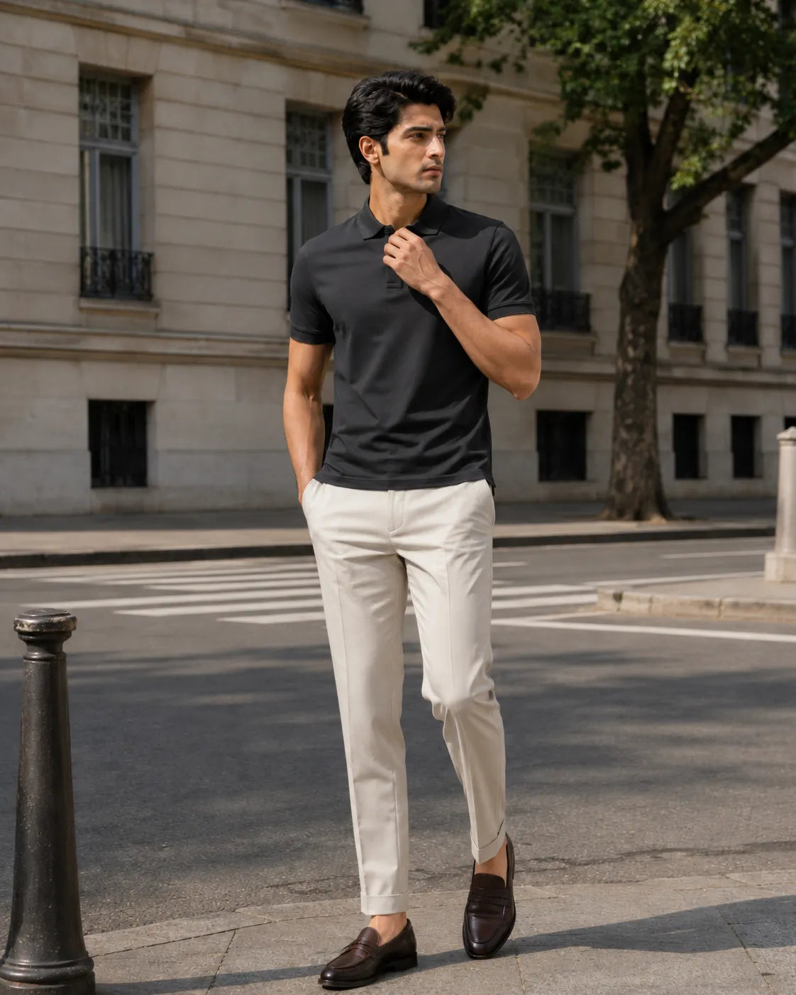 RENQARA Black Polo T-Shirt street-style look on male model with ivory trousers and loafers