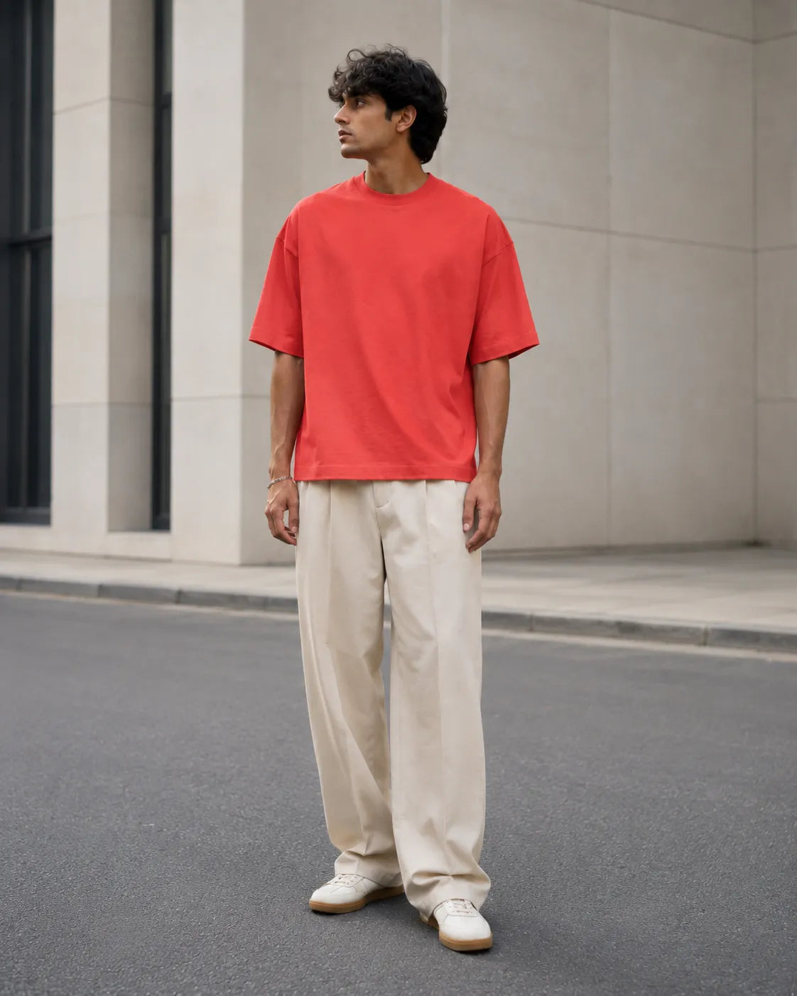 RENQARA Brick Red Oversized T-Shirt styled with ivory wide-leg trousers in a clean streetwear look