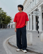 RENQARA Crimson Red Oversized T-Shirt front fit on male model with relaxed streetwear silhouette