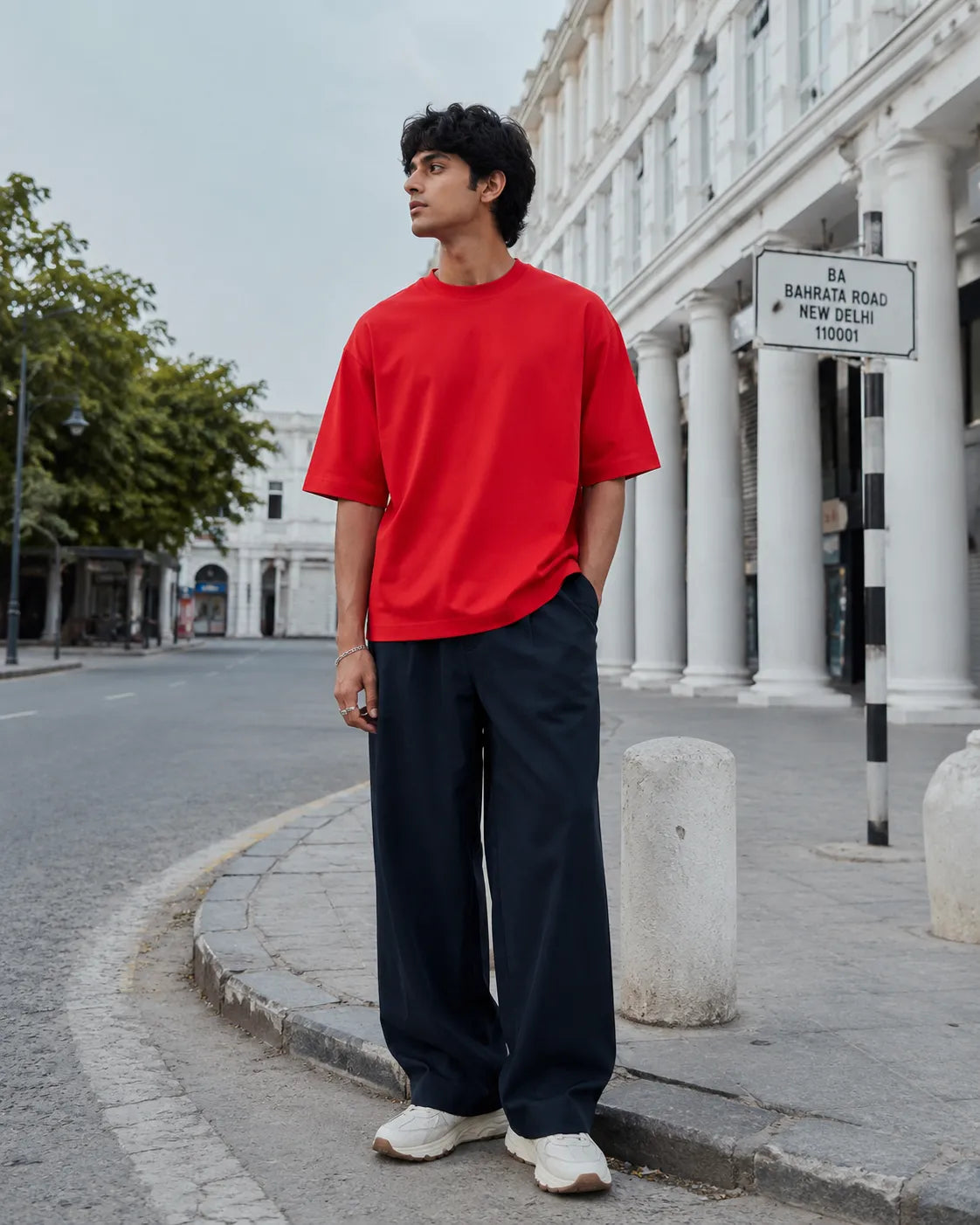 RENQARA Crimson Red Oversized T-Shirt front fit on male model with relaxed streetwear silhouette