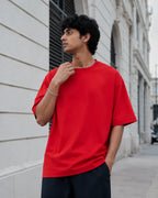 RENQARA Crimson Red Oversized T-Shirt showing oversized sleeve fall, relaxed drape and front fit