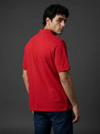 RENQARA Crimson Red Polo T-Shirt back angle on male model showing collar, sleeves and hem