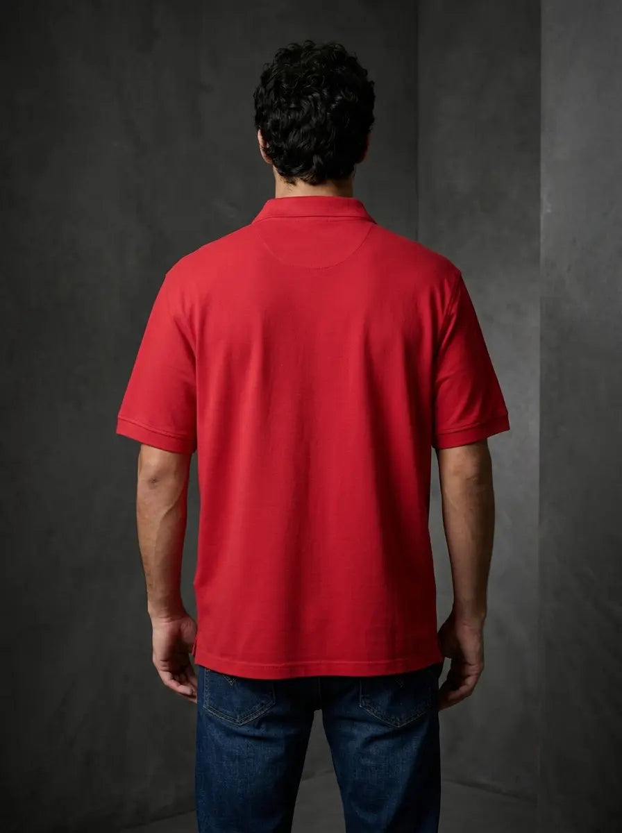 RENQARA Crimson Red Polo T-Shirt clean back view showing regular fit and straight hem