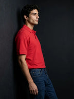RENQARA Crimson Red Polo T-Shirt editorial front pose showing fabric drape and sleeve structure