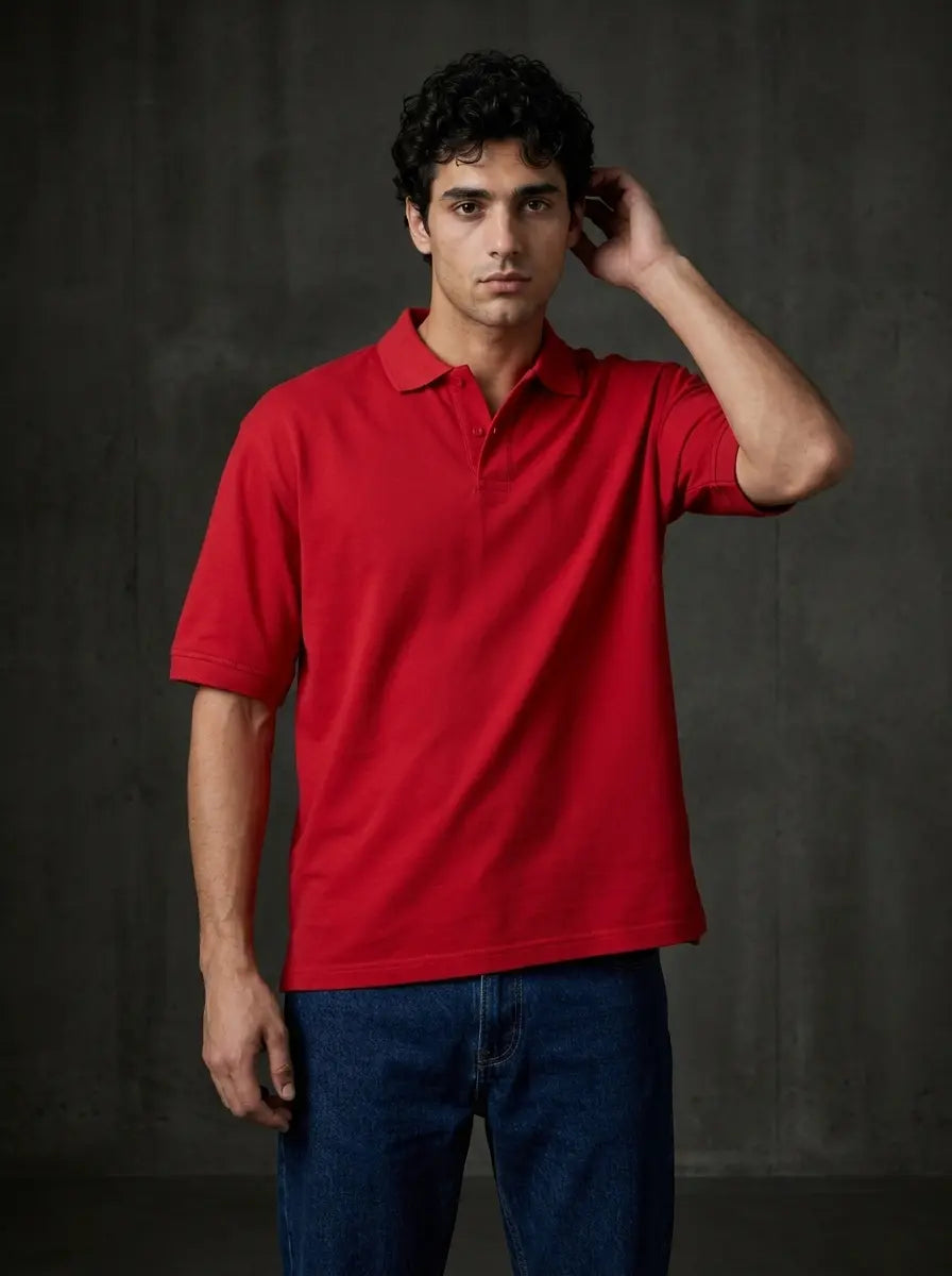 RENQARA Crimson Red Polo T-Shirt front view showing collar, button placket and sleeve fit