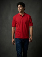 RENQARA Crimson Red Polo T-Shirt front fit on male model with regular unisex silhouette