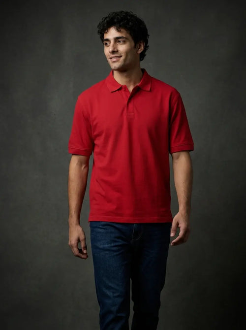 RENQARA Crimson Red Polo T-Shirt front fit on male model with regular unisex silhouette