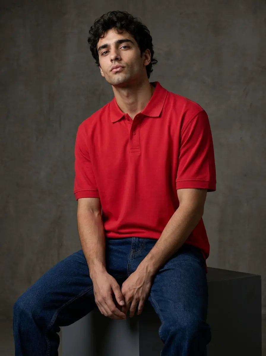 RENQARA Crimson Red Polo T-Shirt seated lifestyle look with denim for smart casual styling