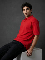 RENQARA Crimson Red Polo T-Shirt side view showing relaxed regular fit and side seam slit
