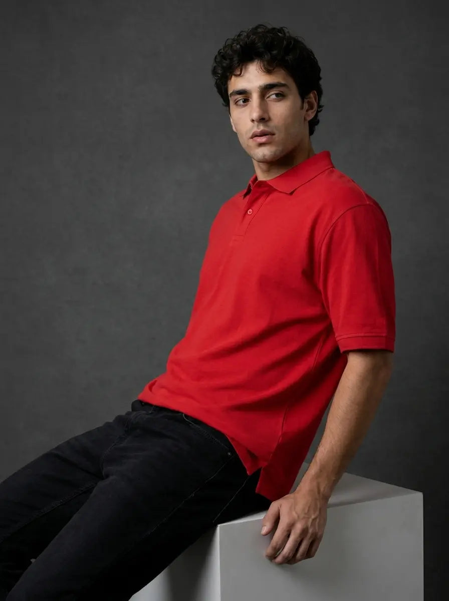 RENQARA Crimson Red Polo T-Shirt side view showing relaxed regular fit and side seam slit