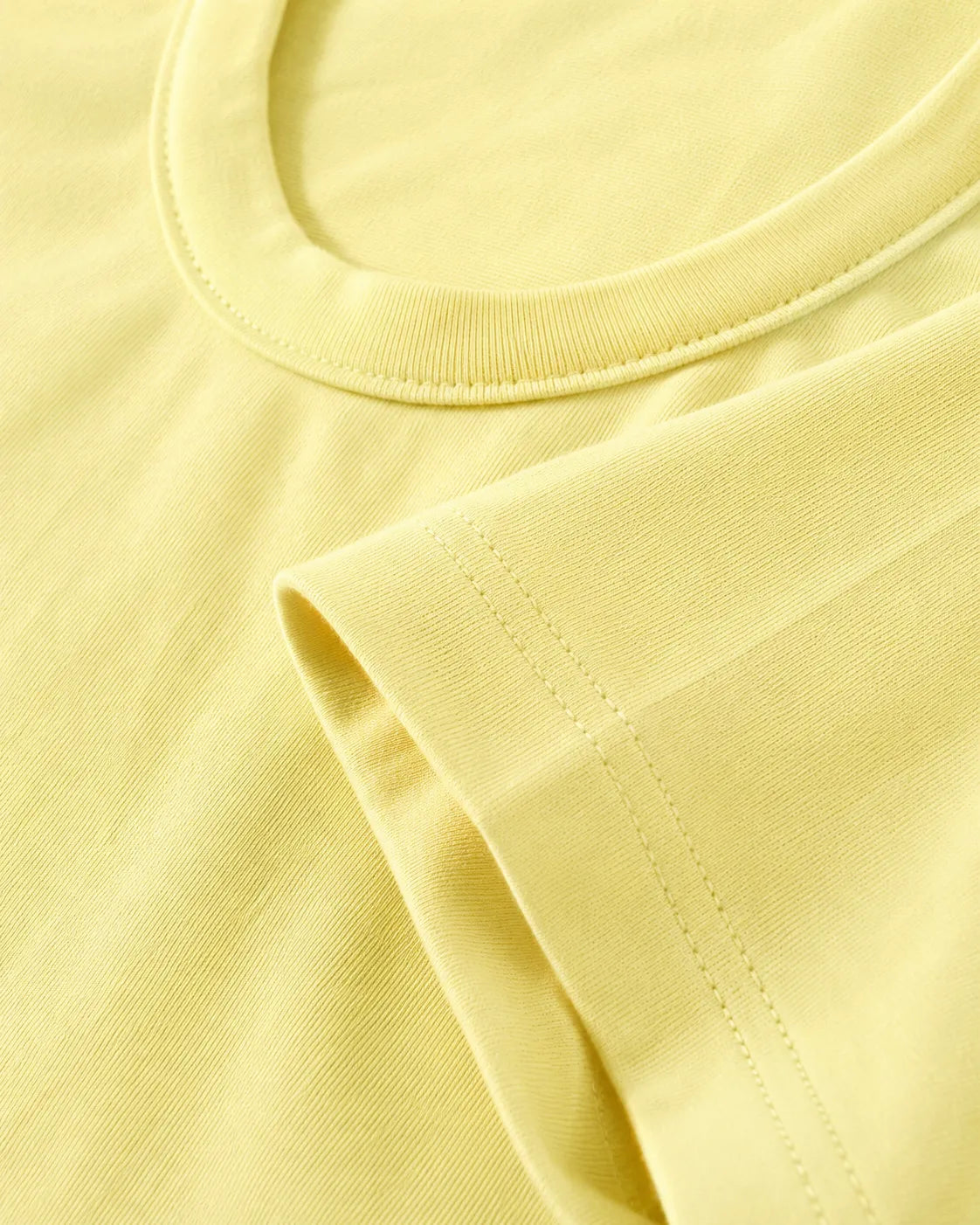 RENQARA Lemon Yellow Regular Fit T-Shirt close-up showing round neck, sleeve stitching and cotton texture