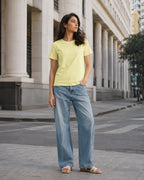 RENQARA Lemon Yellow Regular Fit T-Shirt front view styled with light blue jeans