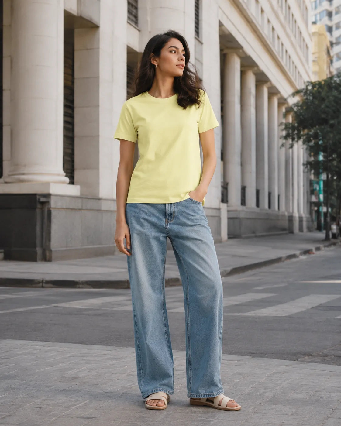 RENQARA Lemon Yellow Regular Fit T-Shirt front view styled with light blue jeans
