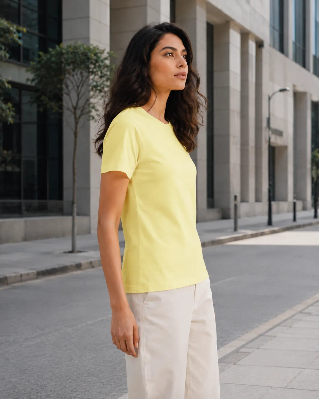RENQARA Lemon Yellow Regular Fit T-Shirt side view showing regular fit and clean everyday drape