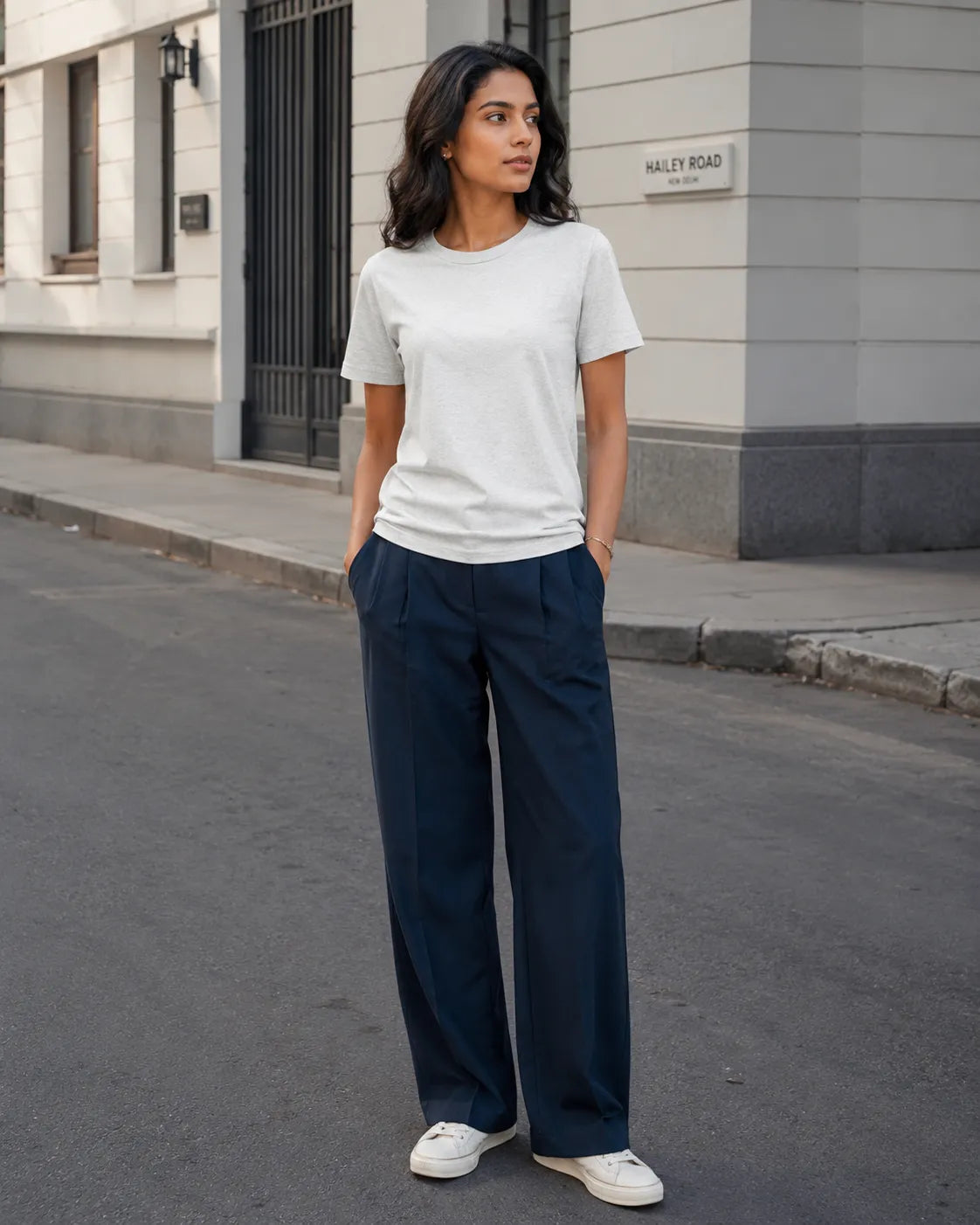 RENQARA Melange Grey Women’s Regular Fit T-Shirt front view styled with navy trousers