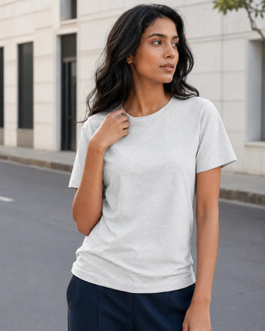 RENQARA Melange Grey Women’s Regular Fit T-Shirt upper-body view showing round neck and sleeve fit