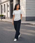 RENQARA Melange Grey Women’s Regular Fit T-Shirt worn in a clean street-style walking look