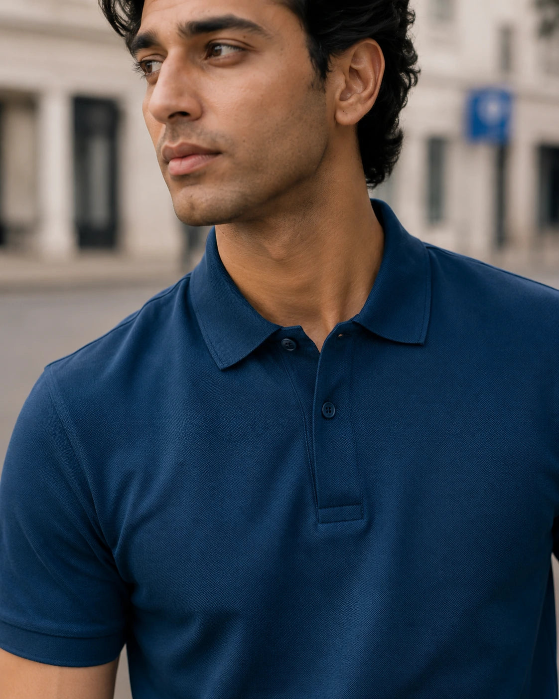 RENQARA Navy Blue Polo T-Shirt close-up on male model showing collar, buttons and sleeve fit