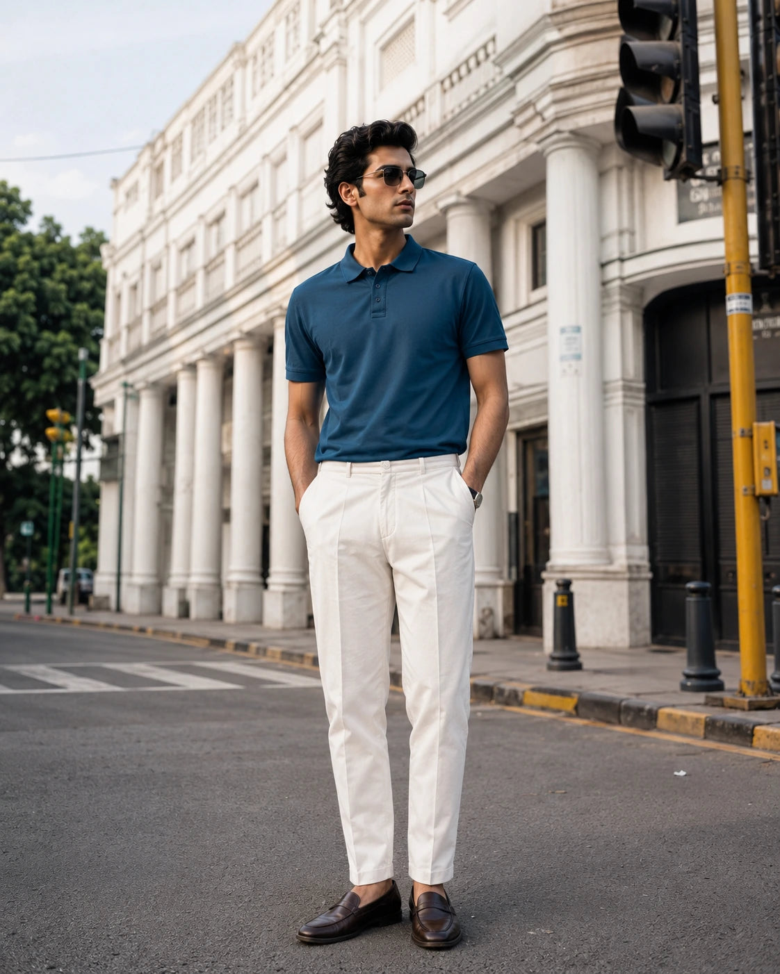 RENQARA Navy Blue Polo T-Shirt styled with white trousers and loafers in a clean street-style look