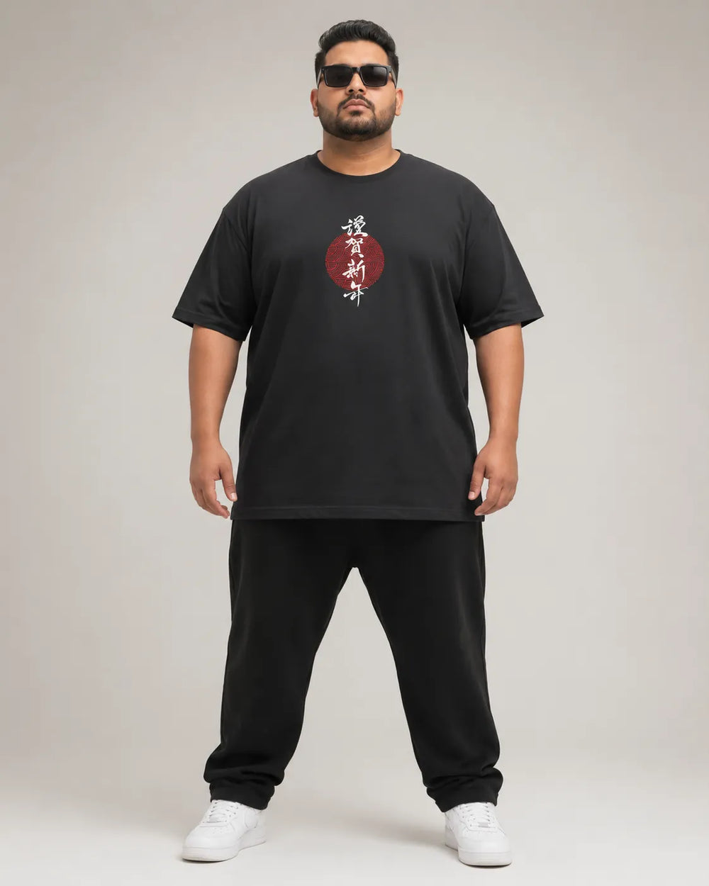 RENQARA Onyx Plus Size Graphic Supima Cotton T-Shirt front view with Japanese-inspired chest artwork.