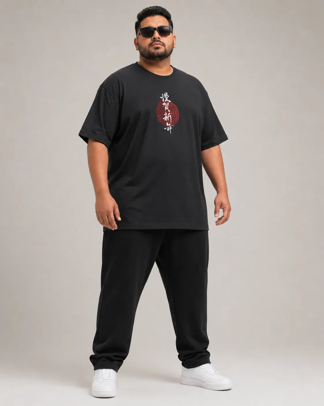 Front full-body view of the RENQARA Onyx Plus Size Graphic Supima Cotton T-Shirt with relaxed fit and 160 GSM Supima cotton fabric.