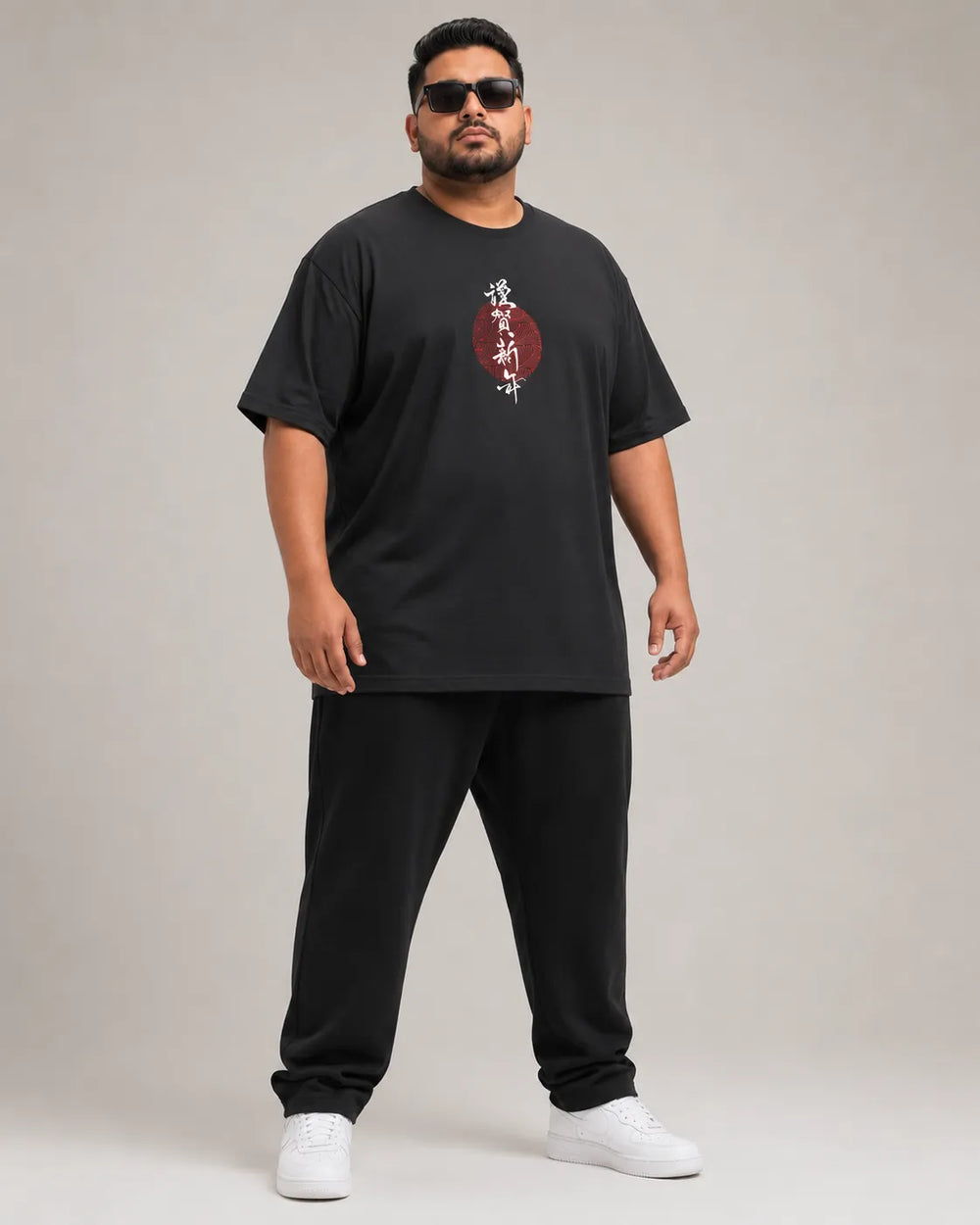 Front full-body view of the RENQARA Onyx Plus Size Graphic Supima Cotton T-Shirt with relaxed fit and 160 GSM Supima cotton fabric.
