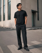 RENQARA Onyx Supima T-Shirt styled with black trousers in a clean urban streetwear look