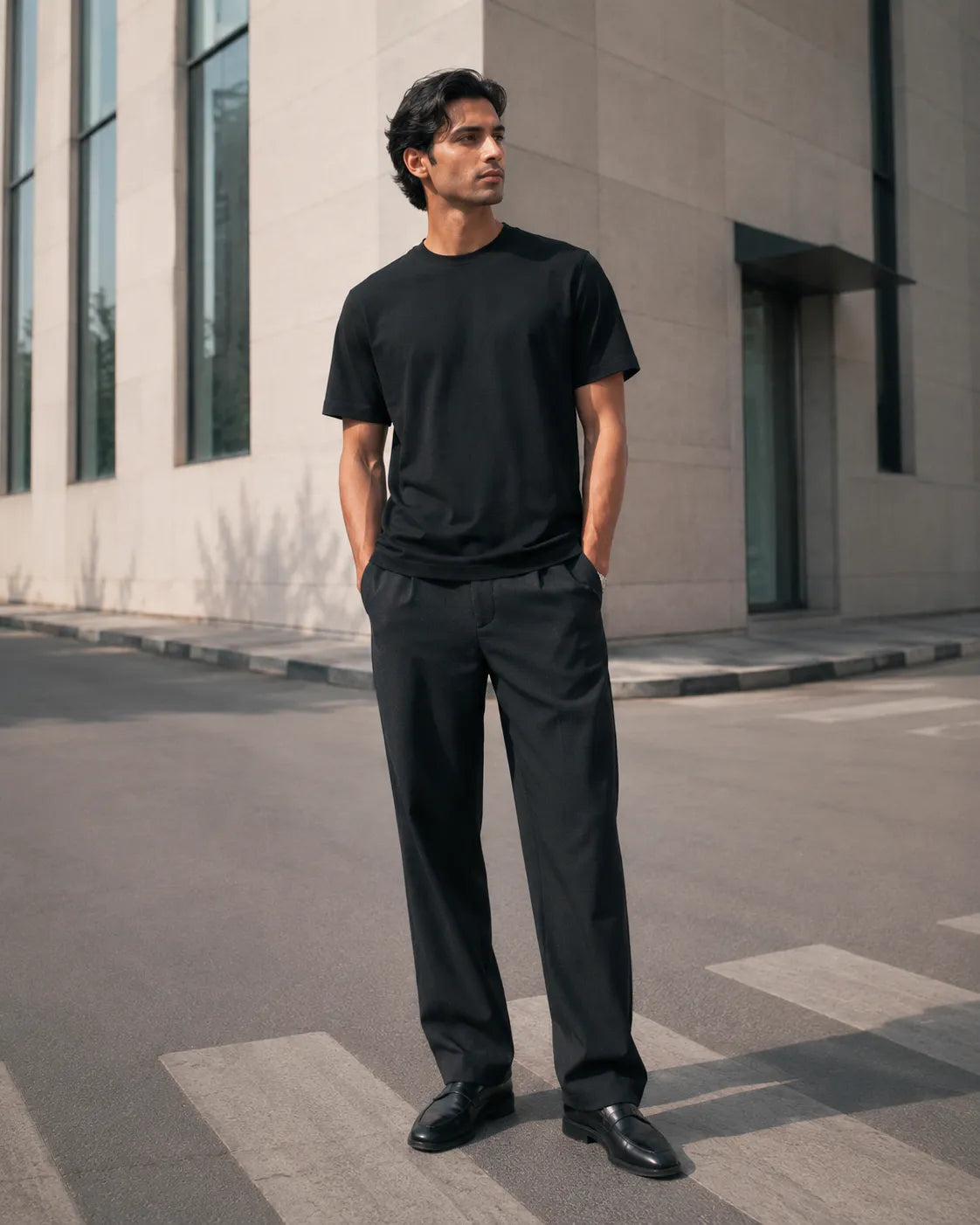 RENQARA Onyx Supima T-Shirt styled with black trousers in a clean urban streetwear look