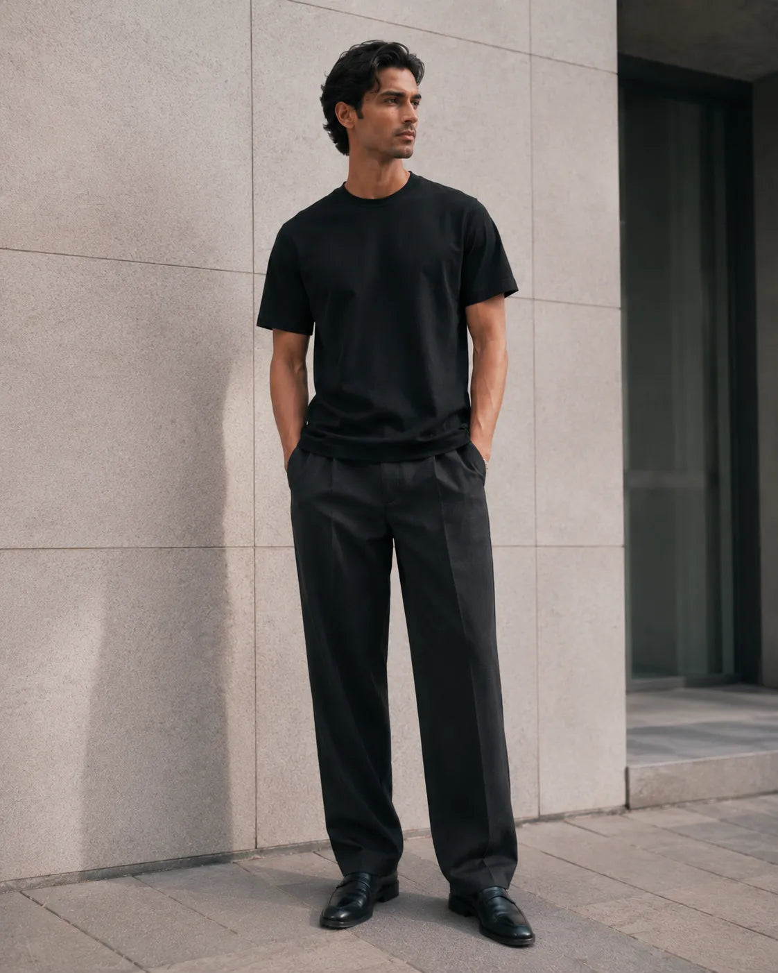 RENQARA Onyx Supima T-Shirt full body fit showing regular silhouette and soft cotton drape