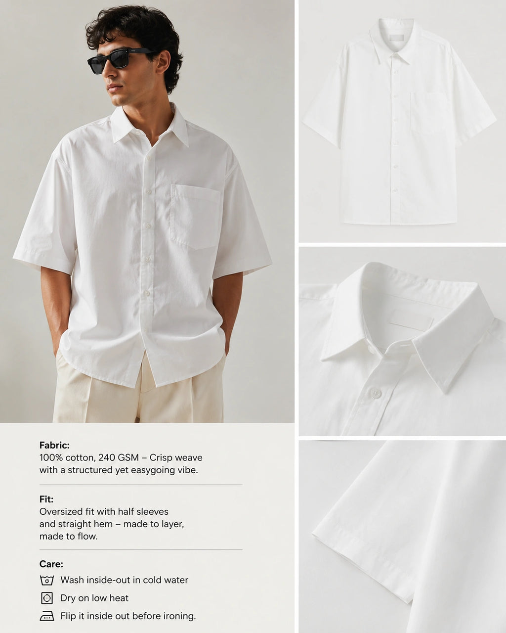 RENQARA White Flow Collar Shirt in 100% cotton 240 GSM, shown with model, collar detail, fabric texture, half sleeves and care guide.

