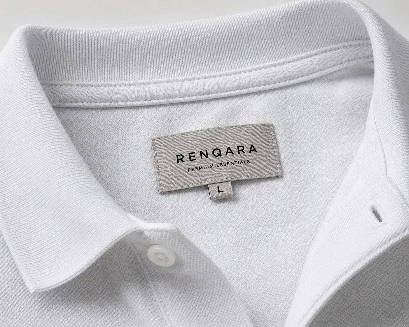 Close-up of the RENQARA White Polo T-Shirt featuring the ribbed collar, branded neck label, and premium craftsmanship.
