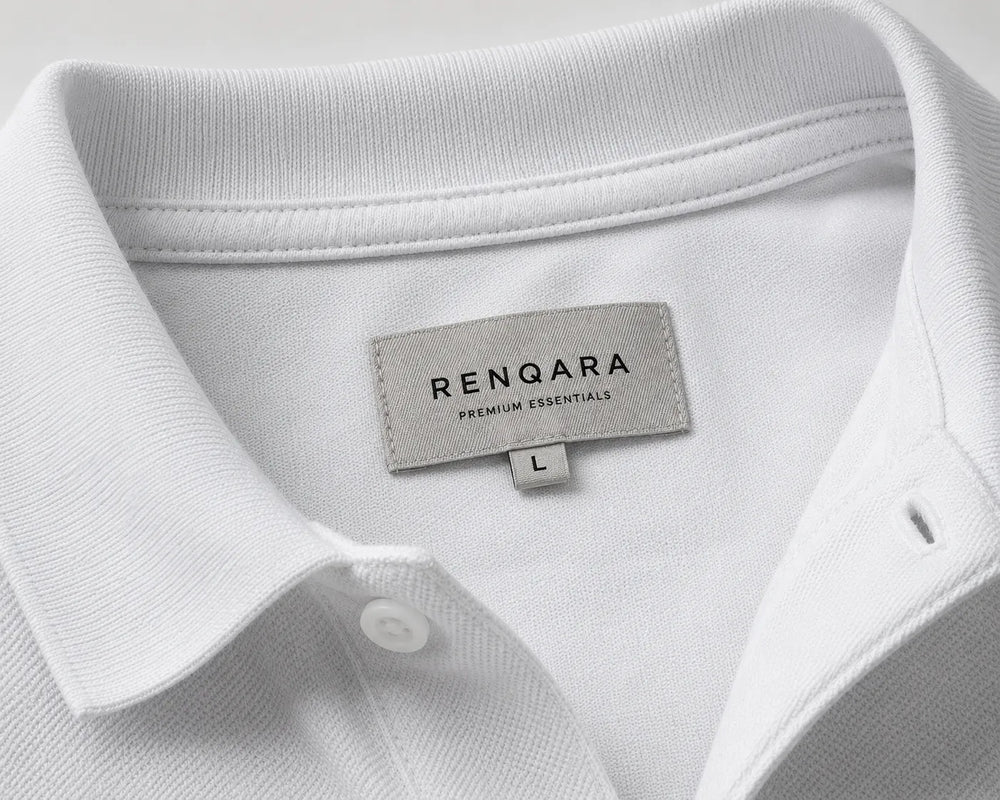 Close-up of the RENQARA White Polo T-Shirt featuring the ribbed collar, branded neck label, and premium craftsmanship.