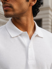 RENQARA White Polo T-Shirt featuring a premium piqué cotton collar and button placket.