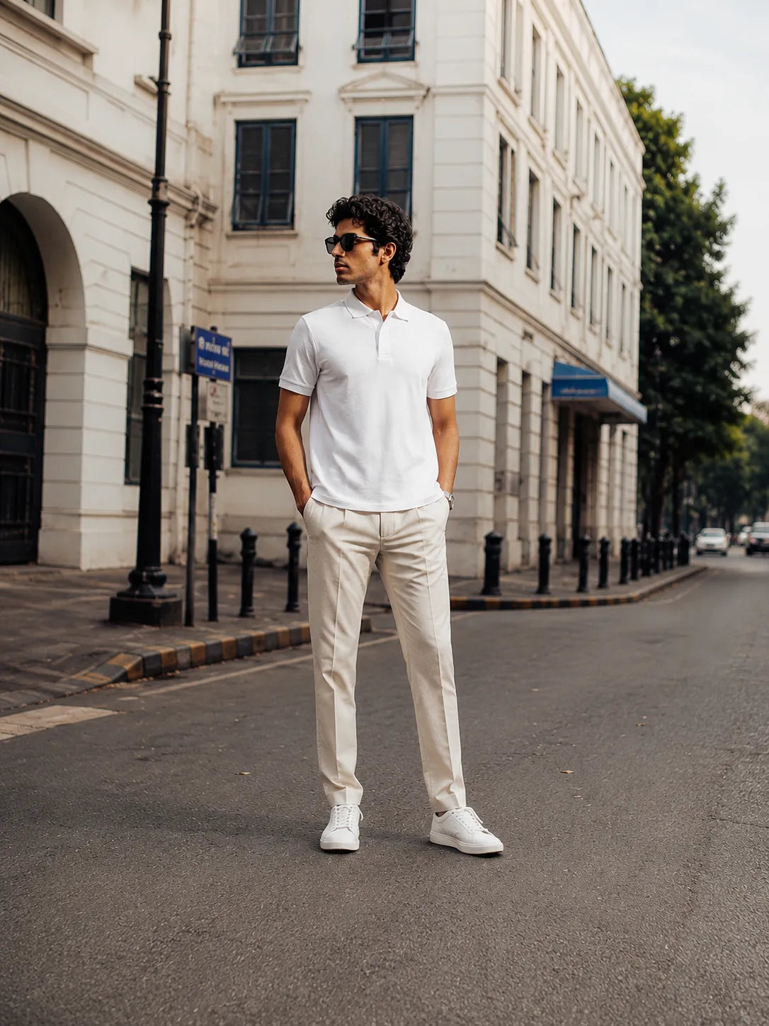 Full-body view of the RENQARA White Polo T-Shirt styled with cream trousers and white sneakers.