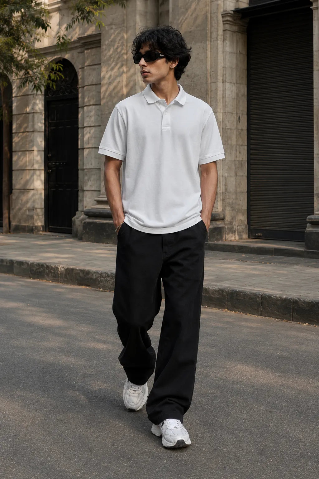 
Model walking in the RENQARA White Polo T-Shirt styled for a modern smart-casual look.