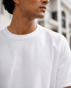 RENQARA White Supima T-Shirt close-up showing crew neck, shoulder seam and smooth white cotton texture