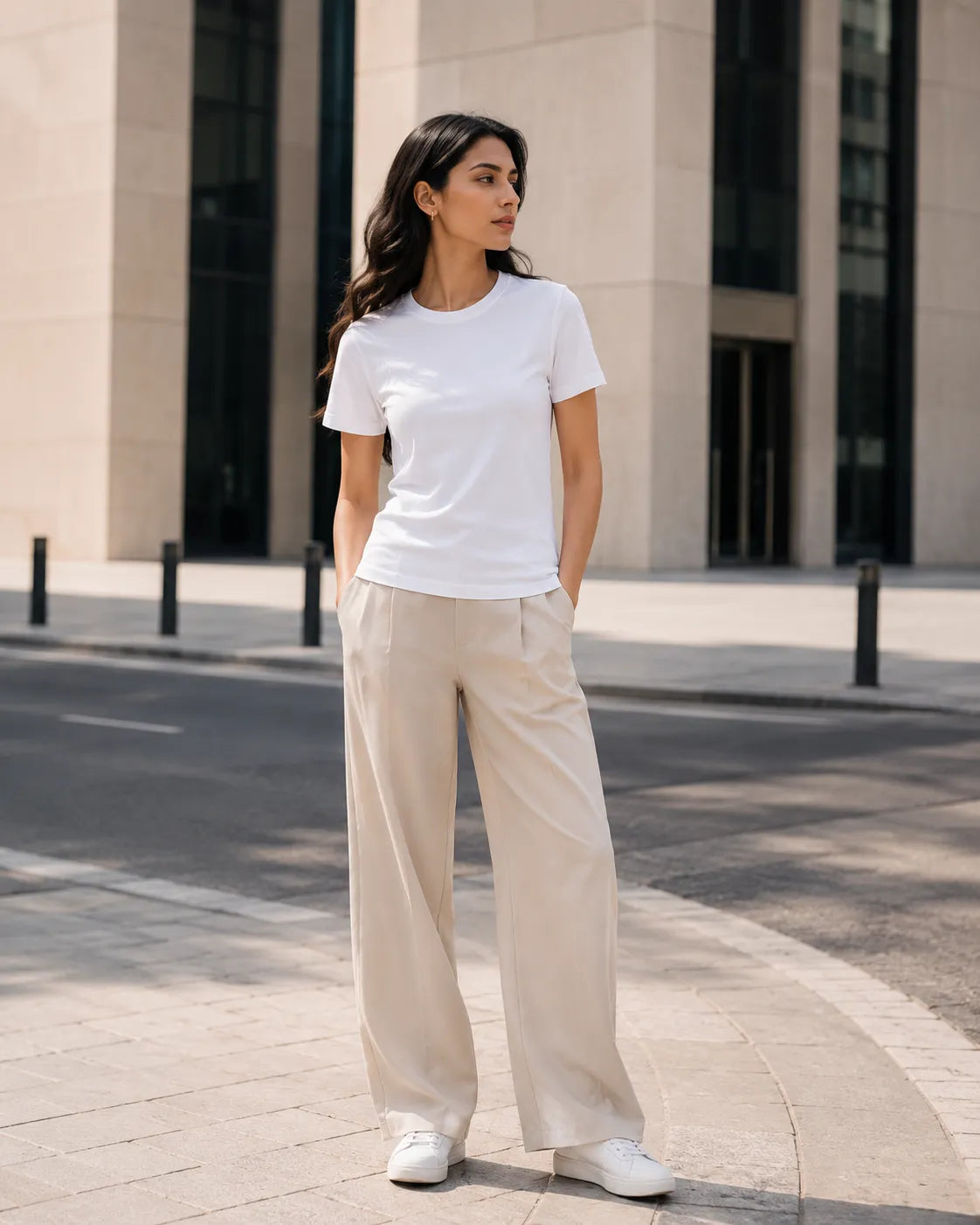 RENQARA White Women’s Regular Fit T-Shirt front view styled with beige trousers and white sneakers